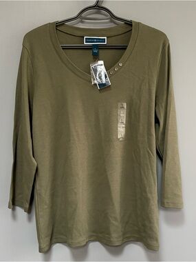 Karen Scott NEW Olive Green Crewneck Cotton Shirt Top Button Details Size L